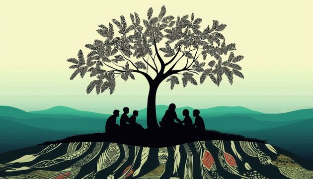 Silhouette of people gathering under a tree for Panchayati Raj Day.