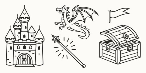 Fantasy with castle and dragon fantasy castle treasure chest magic wand flag © Abu