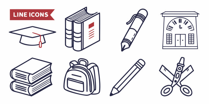 Education line with school supplies line graduation cap books backpack