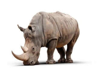 Fototapeta premium Rhinoceros with head down on pure white background