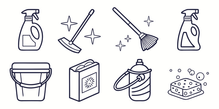 Line of cleaning supplies and tools spray bottle broom