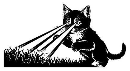 Giant kitten shooting laser beams from eyes onto crowd of people in bold graphic style © Kumamoto