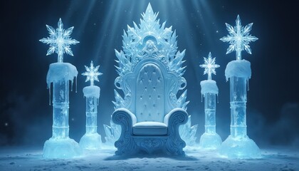 Naklejka premium Ornate ice throne with large snowflake decorations on pillars sits in snowy landscape. Cold winter fantasy scene with frosted elements and glowing blue light.