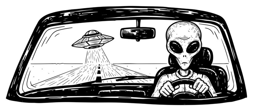 Grey alien driving car with ufo flying over desert road in vintage line art style
