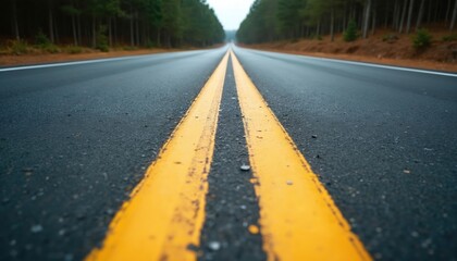 Obraz premium Empty asphalt road with double yellow lane lines vanishing into distance. Pine trees line highway sides. Roadway surface is clean and smooth. Transportation concept.