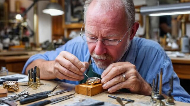 Master Watchmaker at Work: A seasoned craftsman, illuminated by focused concentration, meticulously refines a luxury timepiece. The image encapsulates precision, expertise.