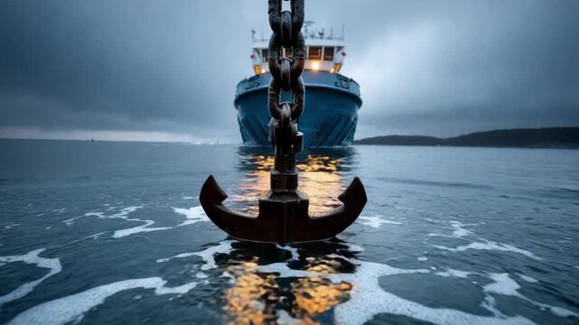 Anchor's Embrace: A resolute anchor, bound by a sturdy chain, plunges into the dark waters, leading towards a ship on the horizon, embodying both stillness and motion.