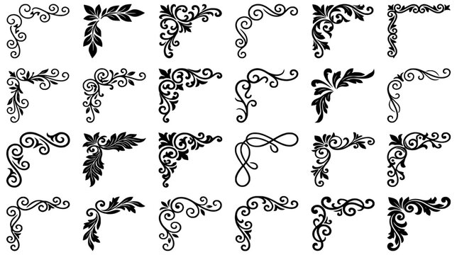 Collection of ornamental floral corners with baroque filigree and swirl leaf motifs for decorative borders