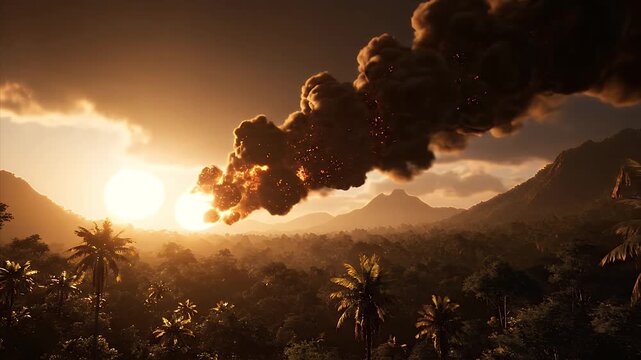 Apocalyptic Meteor with Massive Smoke Trail Streaking Over Tropical Jungle at Sunset
