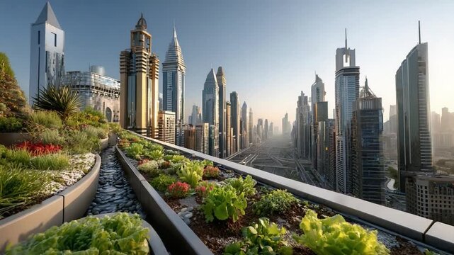 Urban Oasis: A futuristic cityscape, seamlessly blending architectural marvels with lush green spaces, inviting contemplation.