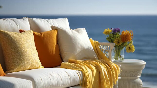 A sunlit outdoor seating arrangement on a sunny day. White cushions and orange and yellow throw pillows, with a soft throw, face the ocean. A small table with a vase of flowers completes the scene