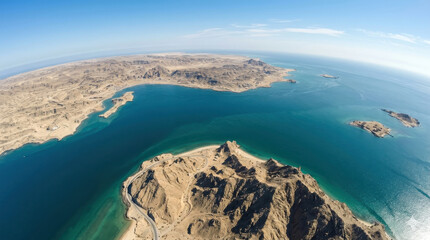 Obraz premium High angle satellite view of the Strait of Hormuz showing the strategic maritime chokepoint between Iran and Oman for global trade and logistics