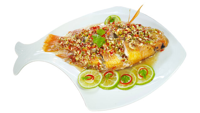 Steamed red tilapia fish with spicy lime and chili sauce (Pla Tubtim Neung Manao), isolated on white background.