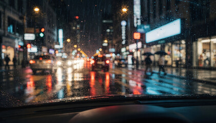 Obraz premium Urban night scene through a car windshield, focus on rain-streaked glass, blurred city lights and vehicles, evoke atmosphere, dynamic metropolis lifestyle