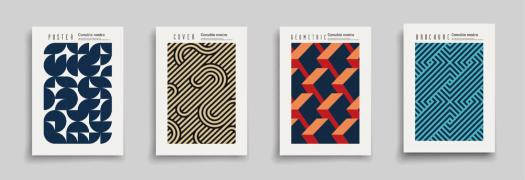 Collection of color abstract posters with geometric shapes and striped ornament. Modern art covers, backgrounds, placards, brochures, banners, flyers, presentation template