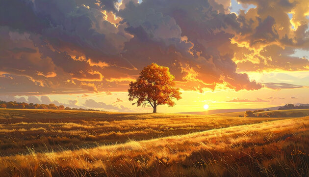 Golden sunset landscape with a solitary tree under dramatic cloudy skies