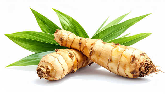 Fresh ginger root with green leaves on white background food photography