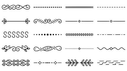 Obraz premium Set of elegant black line dividers with swirls leaves and geometric patterns for wedding invitations