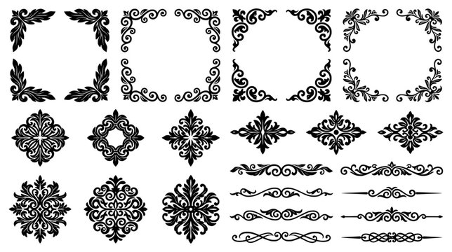 Set of black vintage floral scrollwork corners dividers and ornate filigree center ornaments