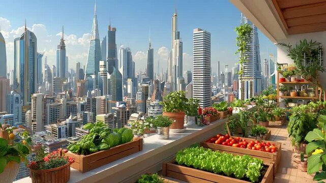Urban Oasis: A vibrant urban balcony garden flourishes amidst a sprawling cityscape, showcasing a harmonious blend of nature and urban life.