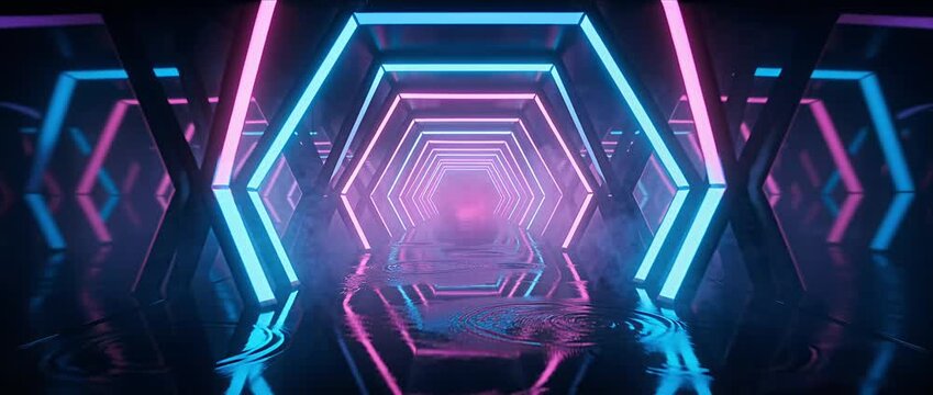Futuristic tunnel neon corridor cyberpunk glow vibrant light reflection wet floor sci fi concept art immersive mood video background with neon light hexagon hallway pink blue purple vaporwave