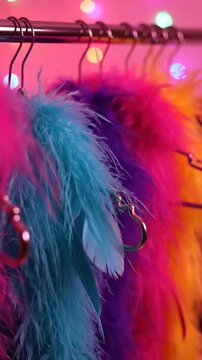 Colorful feathered boas hanging on a rack