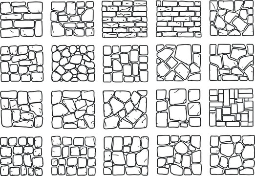Stone, Wall, and Water Symbols.  stone wall patterns and textures in hand-drawn line art style