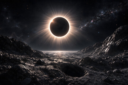 Total solar eclipse viewed from a rocky lunar surface