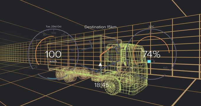 Animation of data processing over digital truck on black background