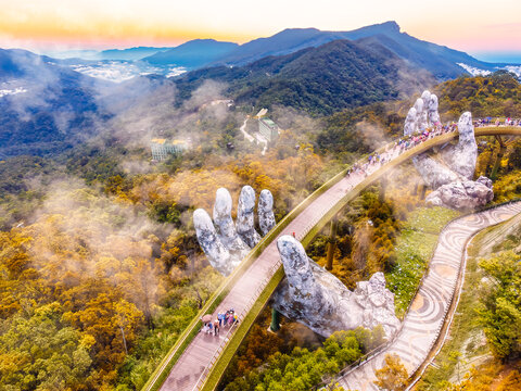 Da Nang, Vietnam - January 02 2026: Aerial view of Da Nang Golden bridge in Bana Hills which is a very famous checkin place for tourists.