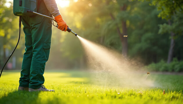 Person in orange gloves sprays green grass with pesticide from backpack sprayer. Worker treats lawn for pests on sunny summer day. Trees and plants in background blur.