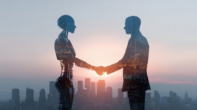 Future of work concept: humanoid robot and business leader partnership as automation reshapes jobs