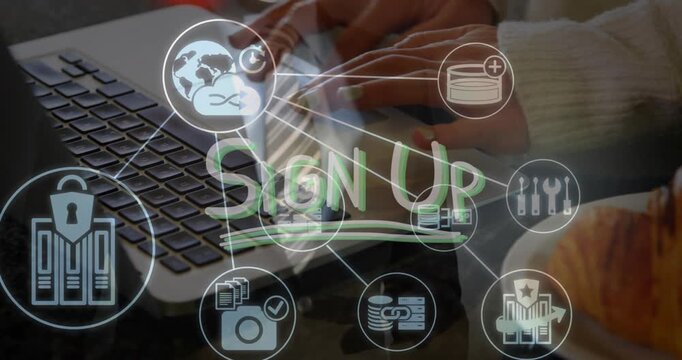 Animation of icons, sign up text, midsection of man touching screen, cropped hands working on laptop