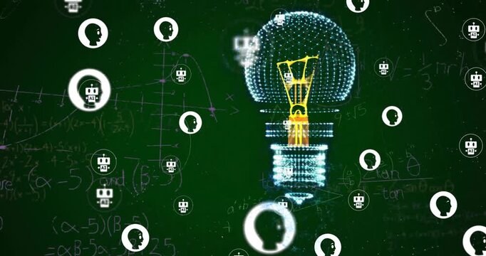 Animation of light bulb with icons over mathematical equations on green background