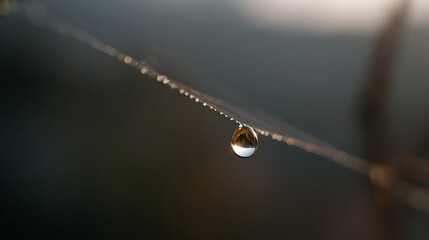 Fototapeta premium Delicate Morning Dewdrop on a Fine Thread with Sparkling Light and Reflective Surface in a Softly Blurred Natural Environment