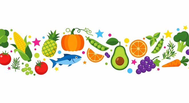 Fresh fruits and vegetables seamless border vector illustration healthy eating nutrition diet