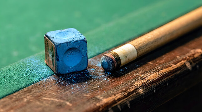 Blue Billiard Chalk and Cue Tip on Green Felt Macro