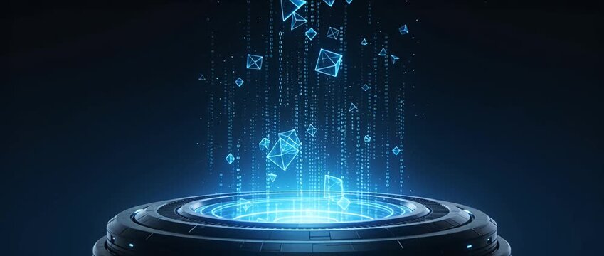 Futuristic hologram interface digital data stream glowing neon blue polygon abstract background technology hologram digital futuristic technology abstract blue virtual sci fi data communication