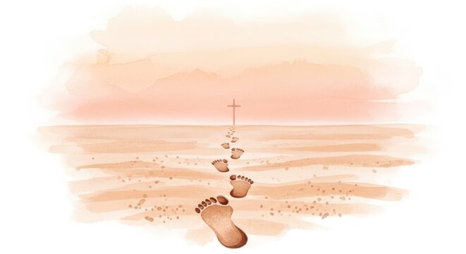 A symbolic illustration of footprints leading to a cross on a serene landscape