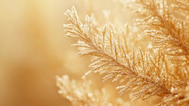 Beautiful frost patterns on fern leaves, with warm golden light rays filtering through.