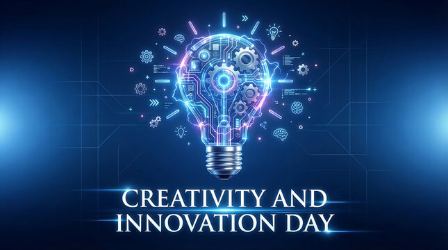  Creativityand  Innovation Day,  Abstract Light Bulb Idea Concept with Gears and Circuits Representing Innovation and Creativity