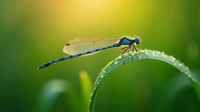 Extreme macro shot of dragonfly on dewy grass blade at sunrise, bokeh soft green meadow background