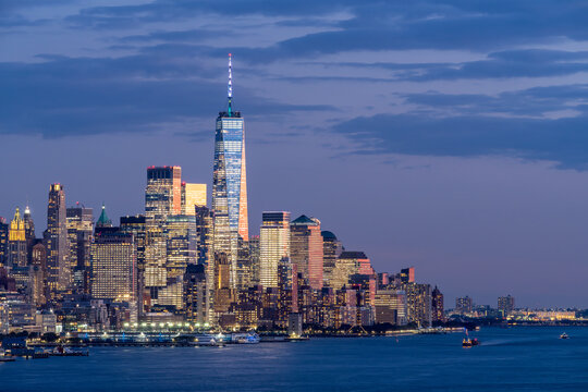 Lower Manhattan skyline at night with view of One World Trade Center, New York City, USA