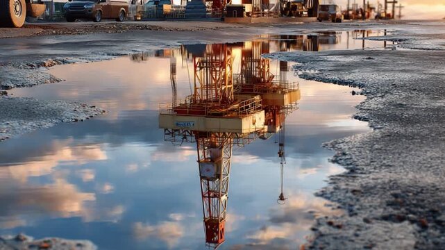 Oil Rig Reflection: An oil rig stands tall, its reflection mirrored in a puddle, the sky's soft hues and the rig's intricate structure create a surreal juxtaposition of industry and nature