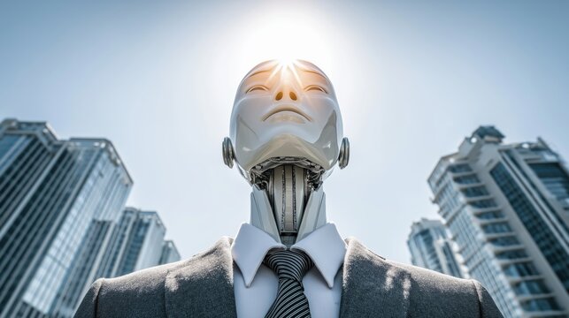Humanoid robot businessman in futuristic cityscape