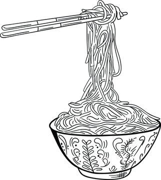 Line art illustration in vector of noodles dangling from chopsticks, ornate bowl and chopsticks. Drawing for coloring book