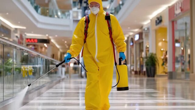 Safety Protocol: A worker in full protective gear meticulously sanitizes an indoor space, employing a spray technique to eliminate potential contaminants, symbolizing vigilance and cleanliness.