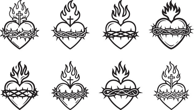 Line art of a jesus sacred heart icon collection, bold black strokes and stylized flowing flames religious symbol on white background.