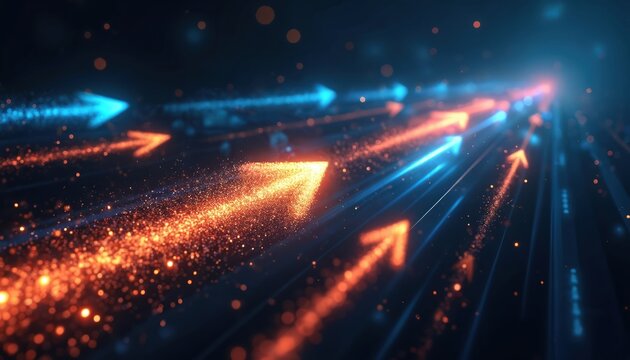 Glowing arrows in blue and orange light streaks move forward on dark background. Leading arrow glows brightest with digital particles, showing progress and success.