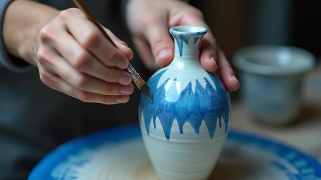 Hands of potter painting intricate blue pattern on ceramic vase, bokeh bright artisan studio background